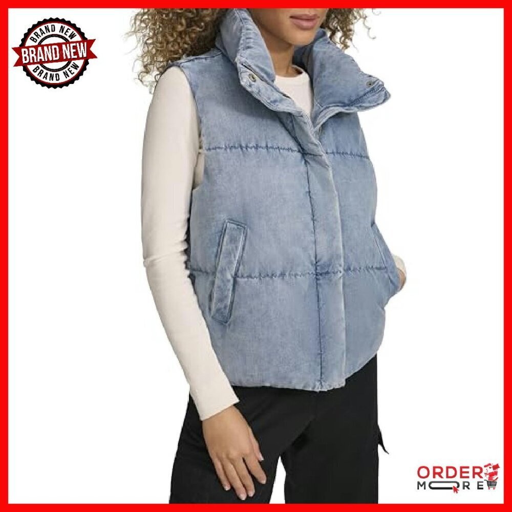Vegan Leather Quilted Puffer Jacket, Cropped Denim Vest, Women's Sizes - Picture 6 of 6